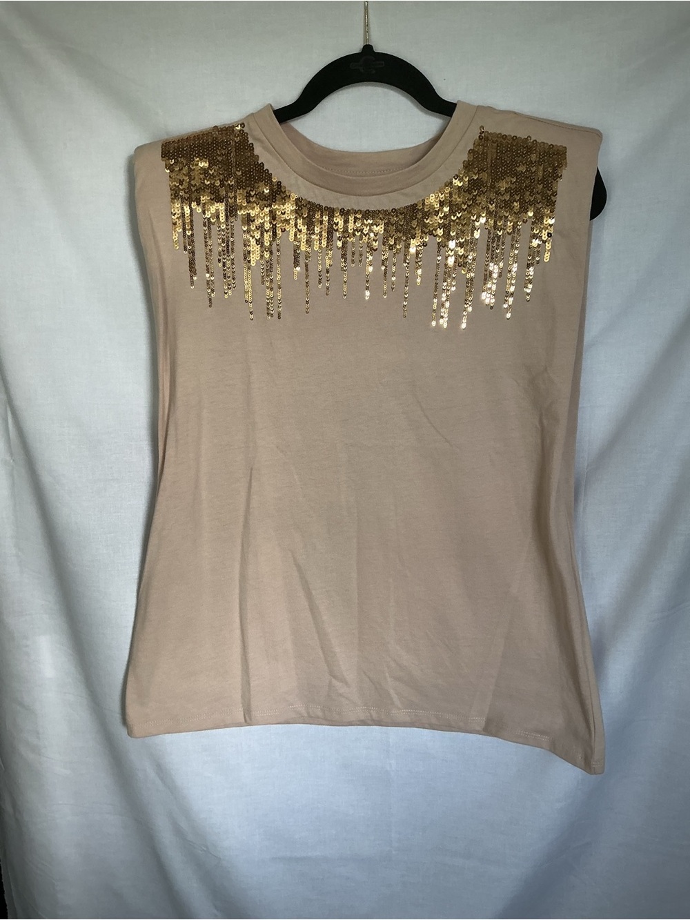 Vine & Love Beige Sleeveless Top with Gold Sequin Fringe